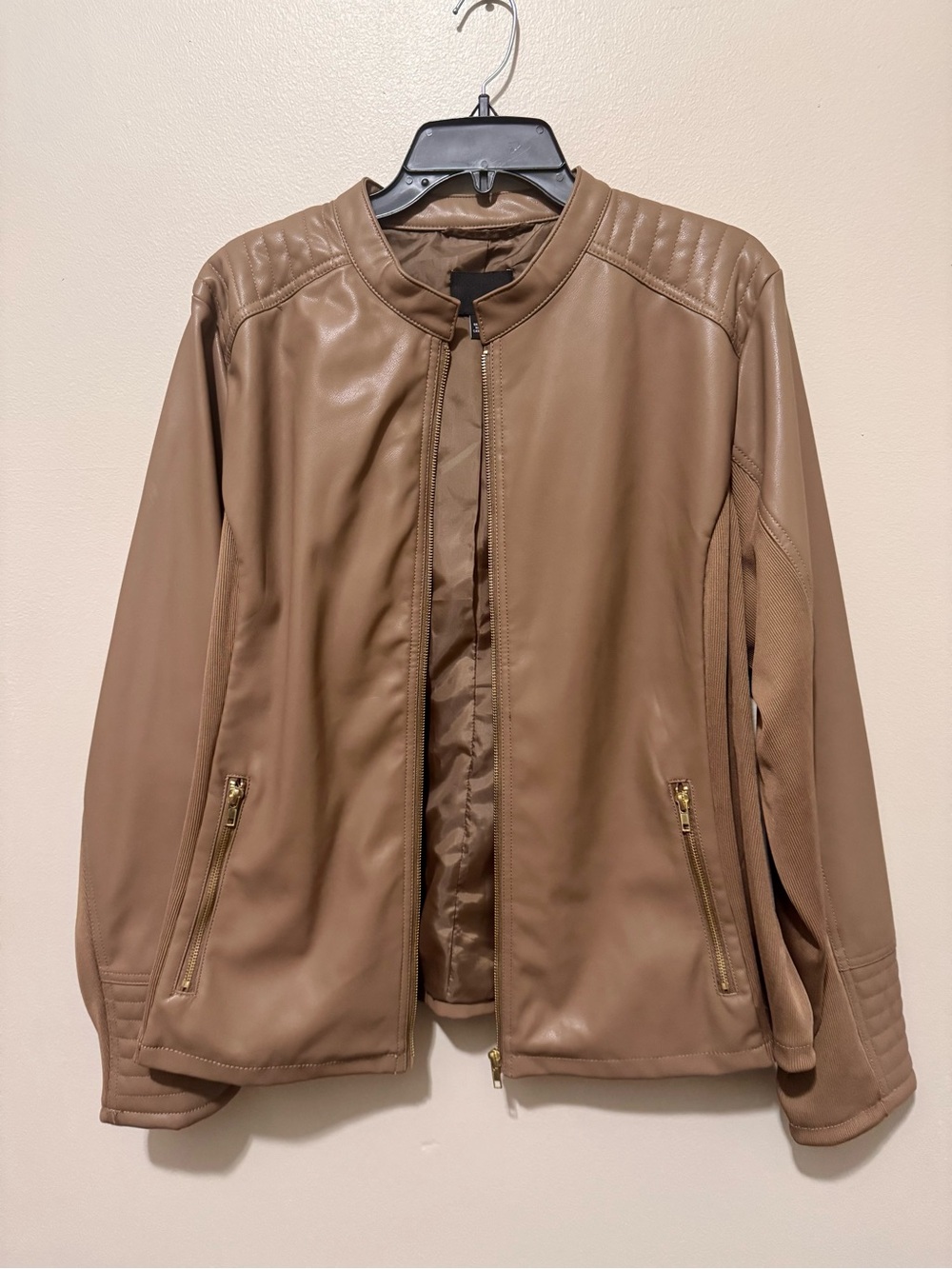 Light Brown Faux Leather Zip-Front Women's Jacket - Picture 2 of 3